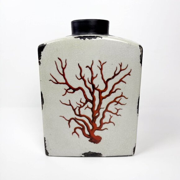 Vintage Inspired Coral Branch Ceramic Vase Red Cream Distressed - Picture 1 of 5